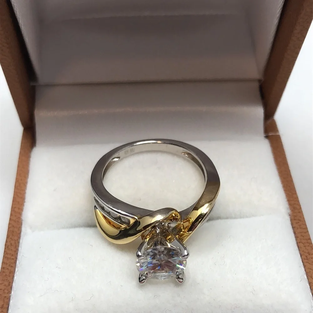 Moissanite Fire Ring Two Tone Crossover 14K Yellow Gold Over 925 Silver Size 7